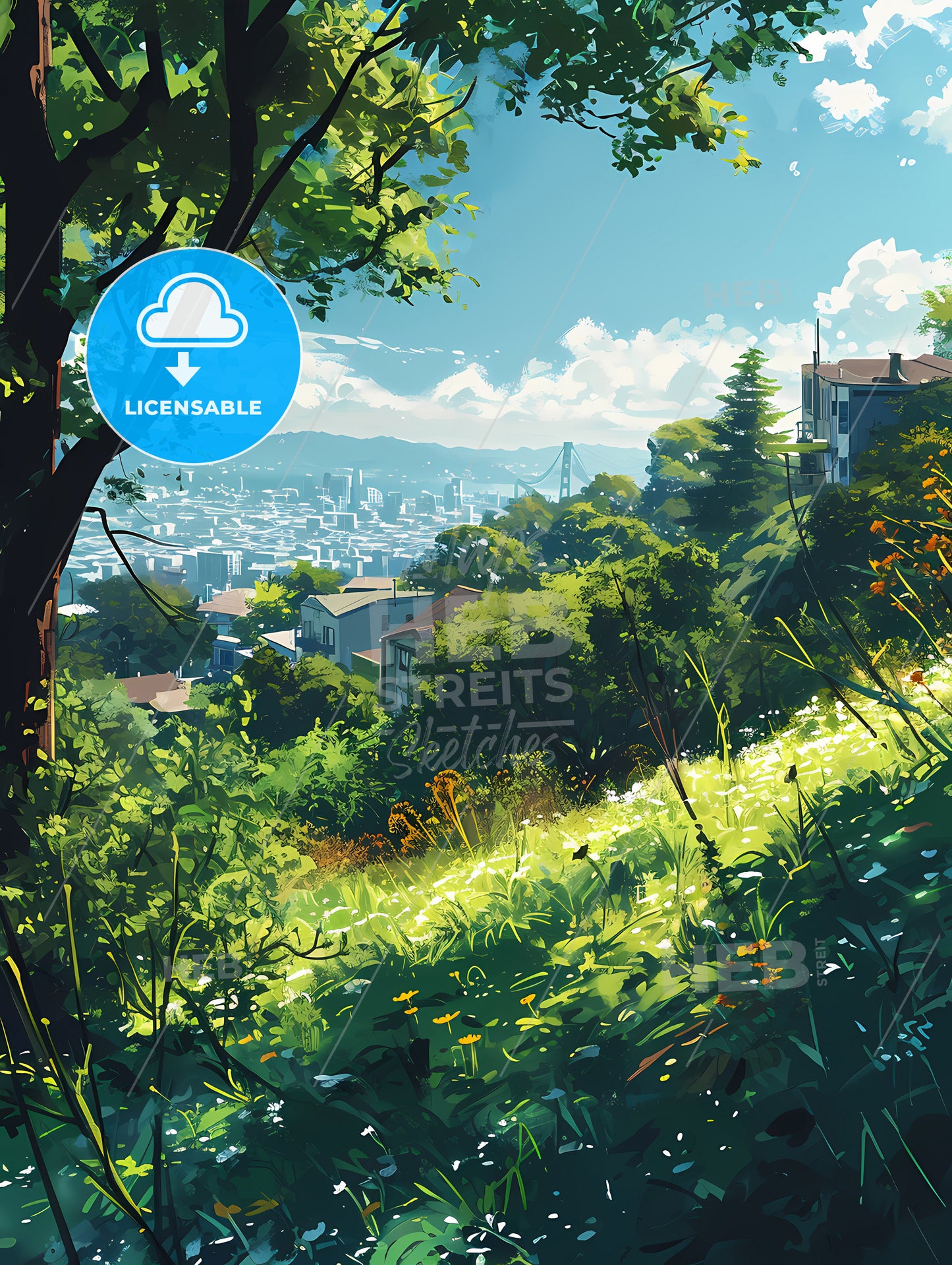 San Franciso Skyline, A View Of A City From A Hill