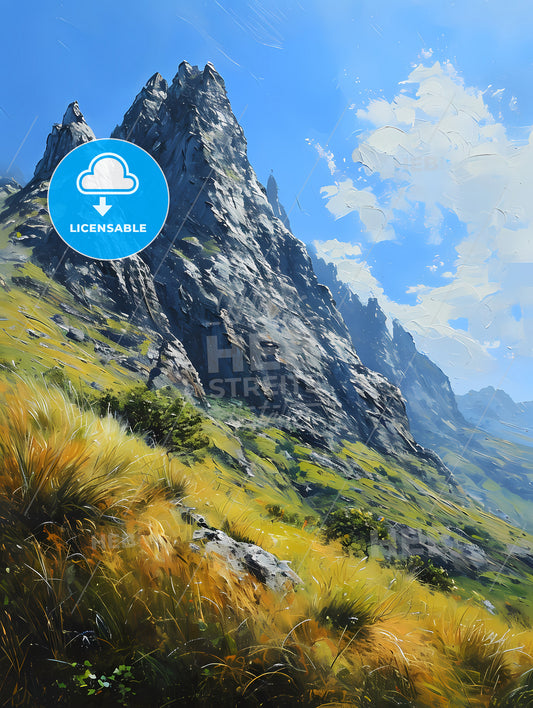 Colorado Springs Art Sketch With Clear Blue Background, A Mountain With Grass And Rocks