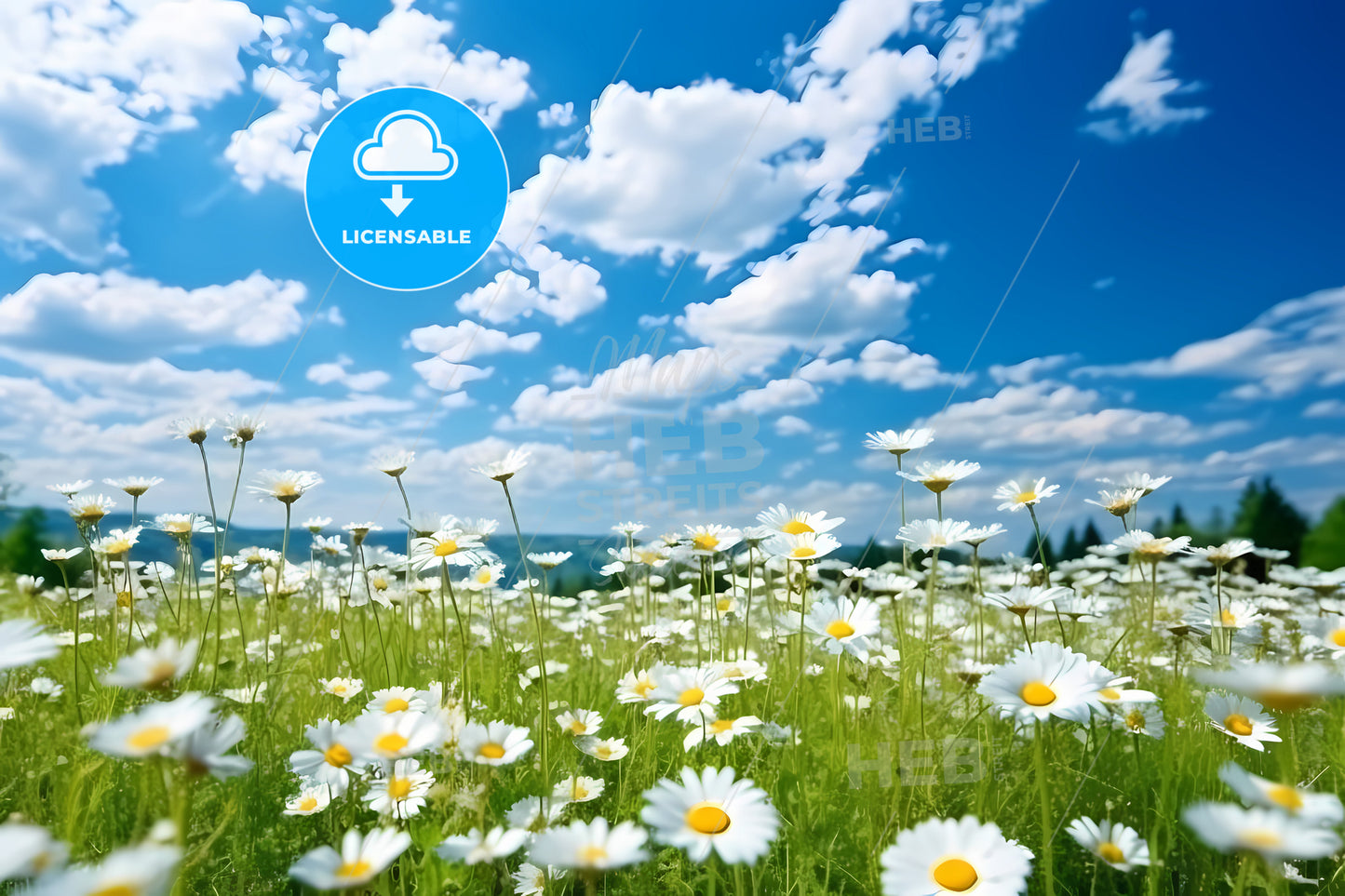 Field Of Spring Daisies And Blue Sky, A Field Of White Flowers