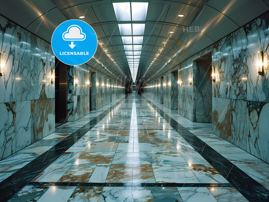 A Passage, A Marble Floor With Lights On The Ceiling
