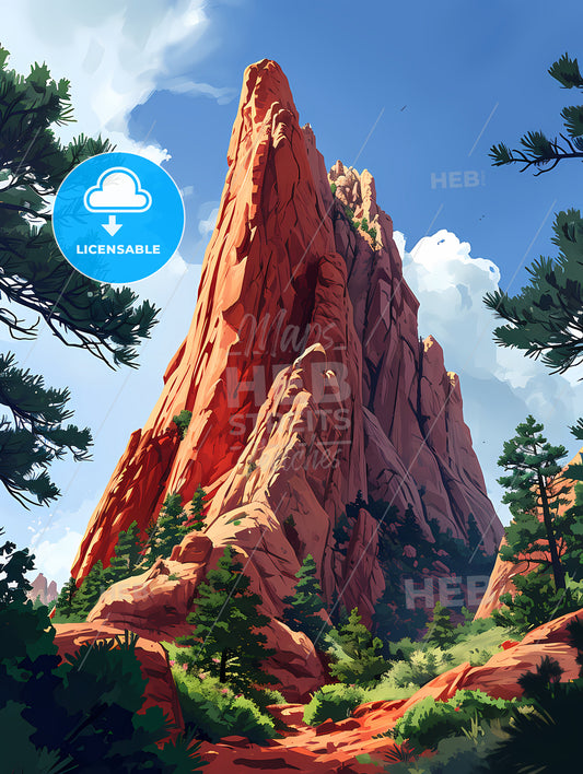 Colorado Springs Art Sketch With Clear Blue Background, A Red Rock Mountain With Trees And Blue Sky