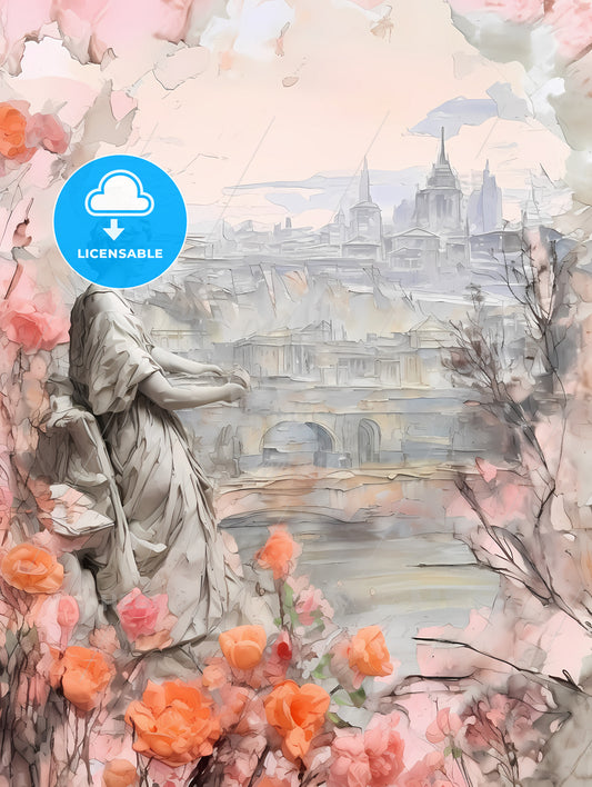 Mothers Day Background, A Statue Of A Woman In A Garden With Flowers