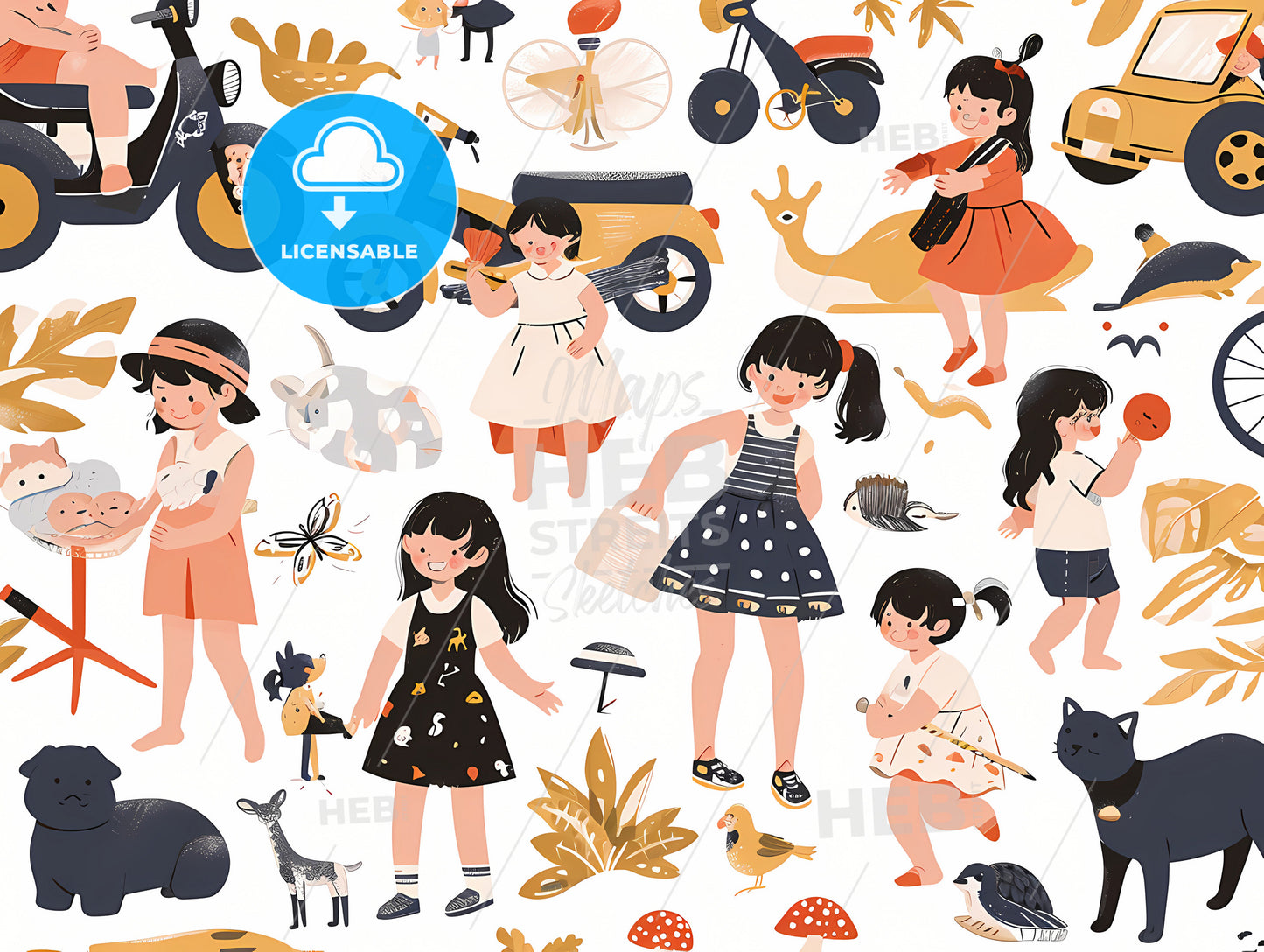 Simple And Relaxing Full Of Childrens Fun, A Pattern Of Girls And Various Objects