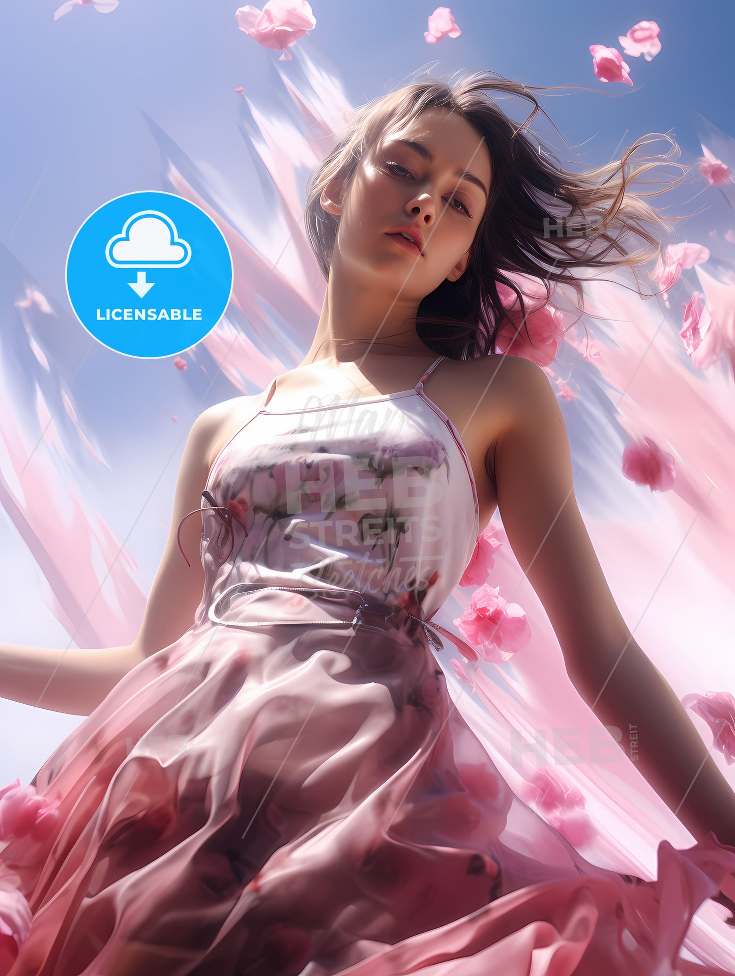 A Young Lady Is Wearing A Pink Dress, A Woman In A Dress With Flowers Flying In The Air
