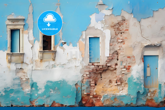 A Damaged Wall With Blue Paint, A Blue And White Wall With Two Windows
