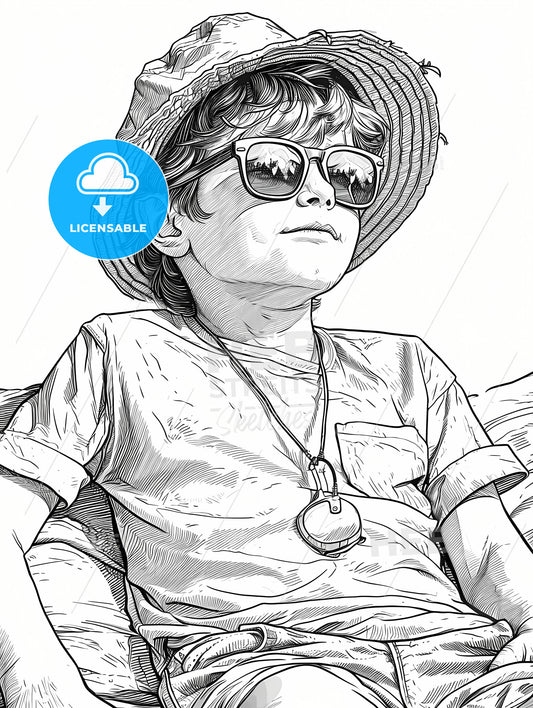 Coloring Page For Kids Summer, A Boy Wearing A Hat And Sunglasses