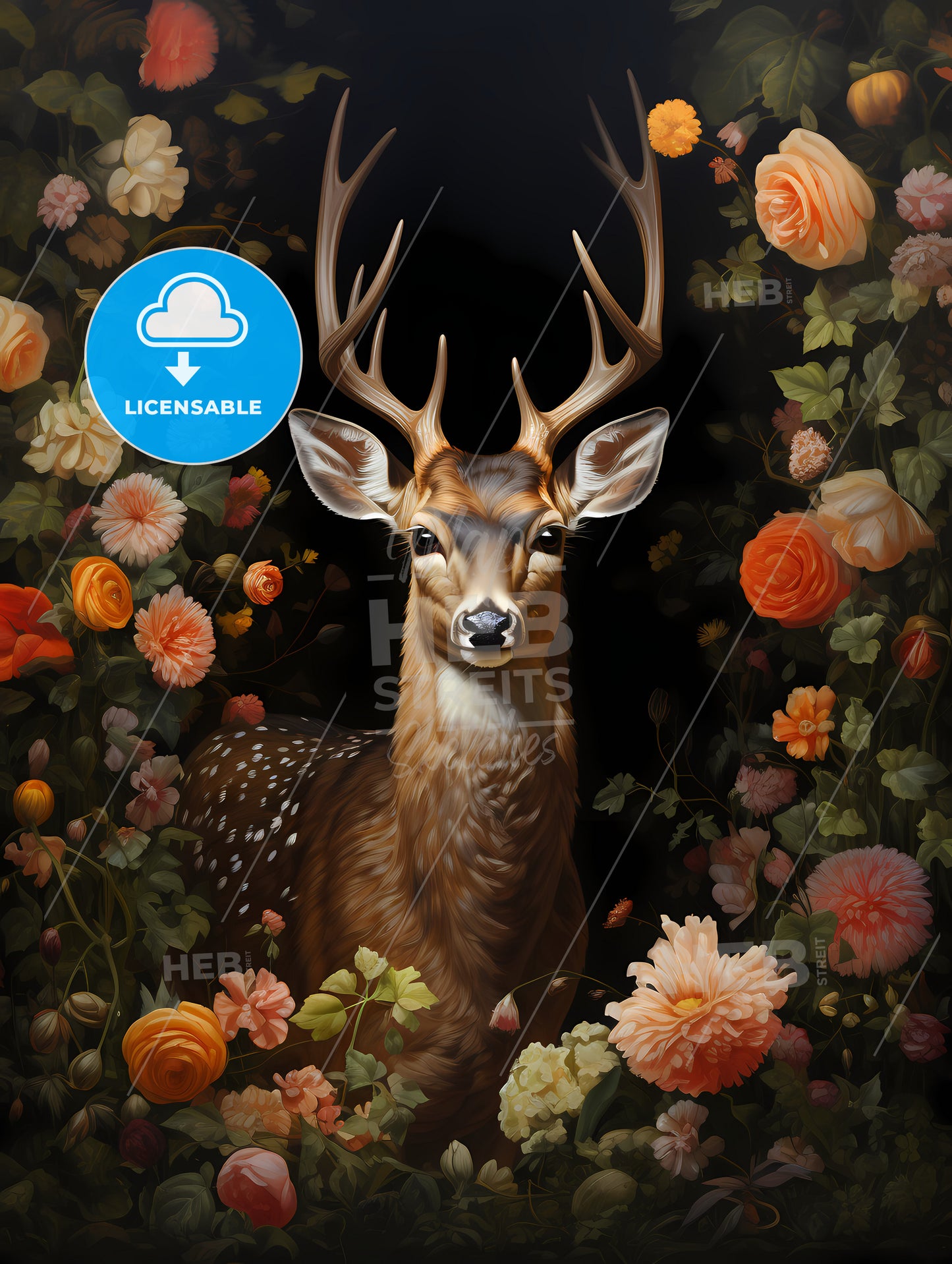The Deer Is Standing By A Tree, A Deer In A Garden Of Flowers