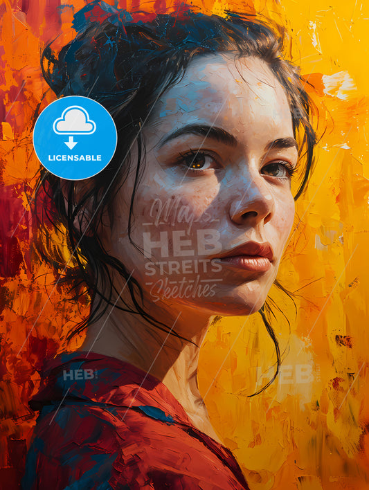 Painted Portrait Of Woman In Bed, A Woman With Freckles And Red Shirt