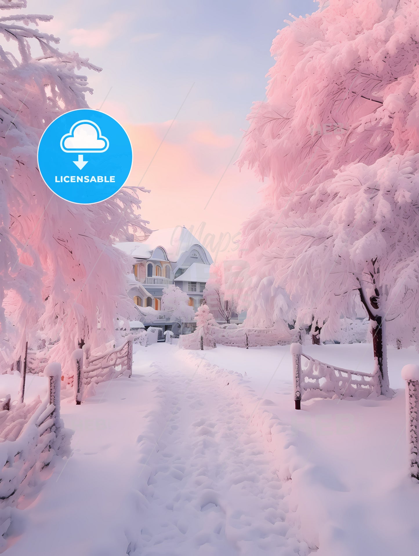Beautiful Snow Scene, A Path In The Snow With Trees And A House