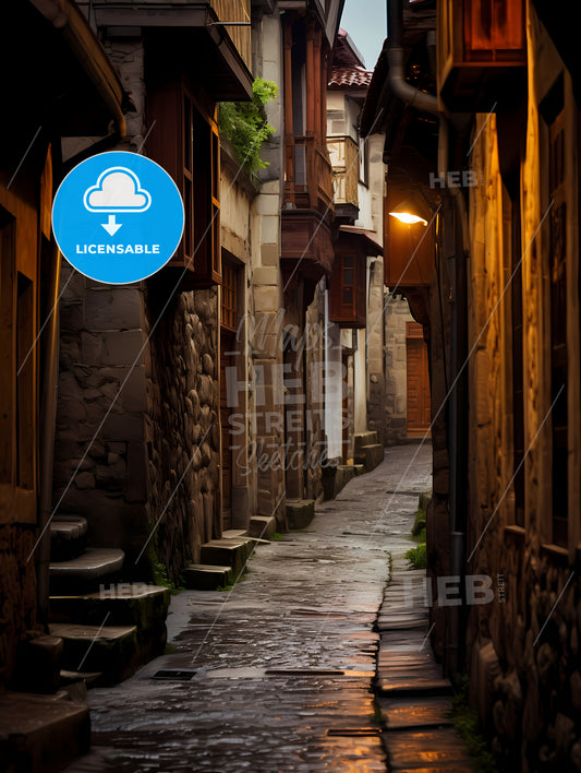 Narrow Street Ottoman Architecture, A Stone Alleyway With A Light On The Side