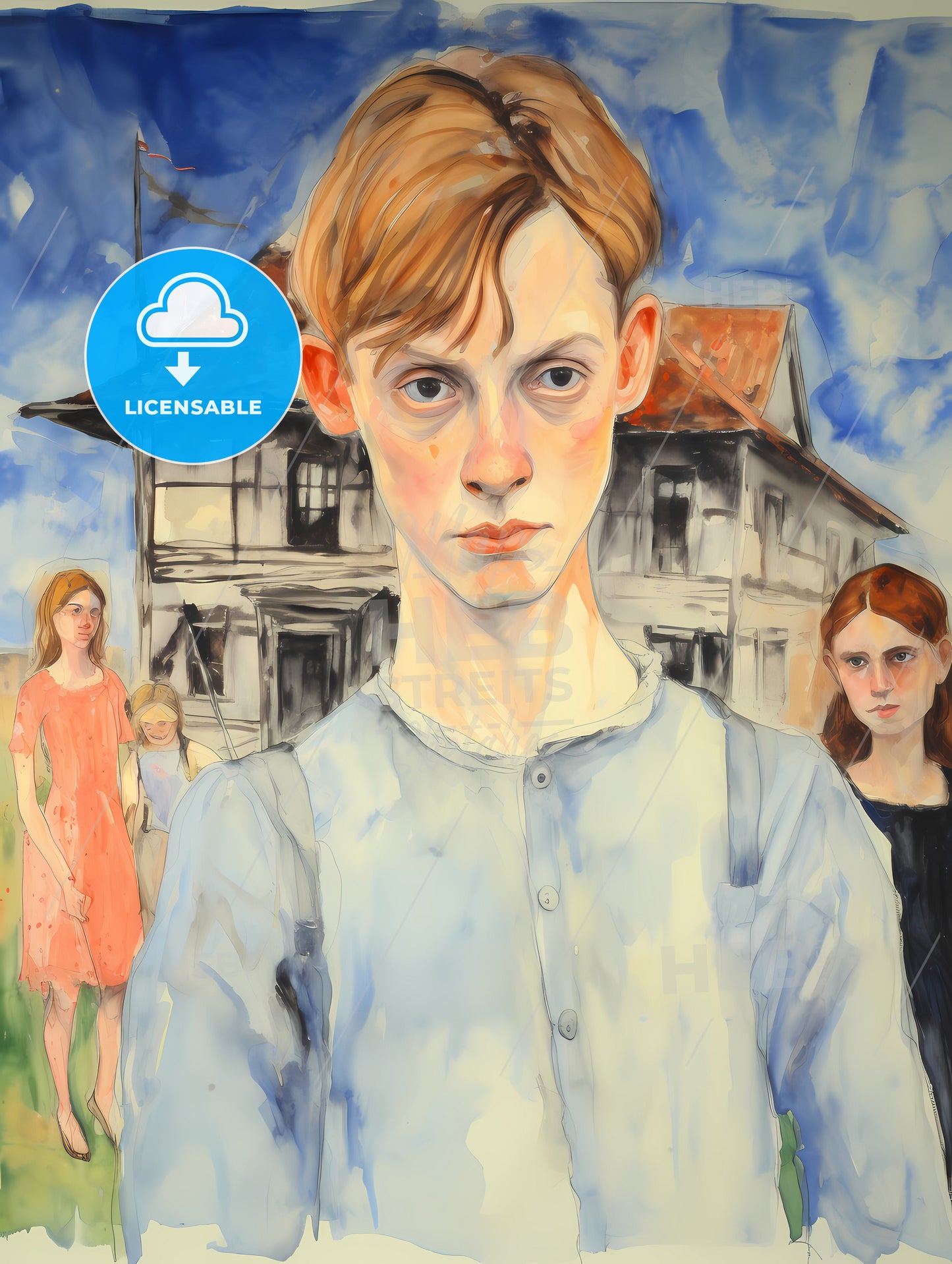 In A Country Side, A Painting Of A Boy In Front Of A House