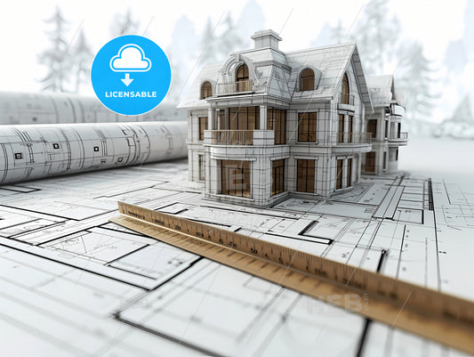 Steel Tape Measure On House Blueprints, A House On A Blueprint