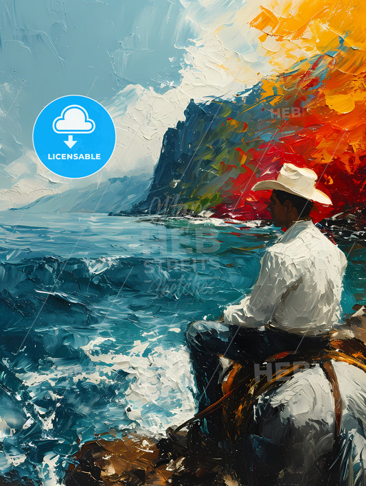 De Kooning Style Cowboy, A Man Riding A Horse In The Water