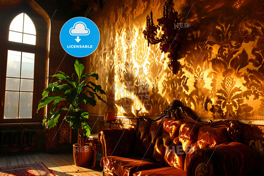 Wall Covered By Vintage Wallpapers, A Couch And Plant In A Room