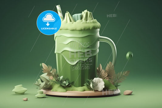 Japanese Matcha Latte In 3D Illustration, A Green Drink In A Glass Mug