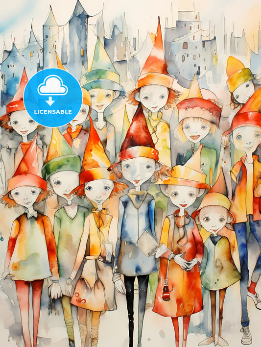 Whimsical Colorful Illustration Of Christmas Elfs, A Group Of People Wearing Hats