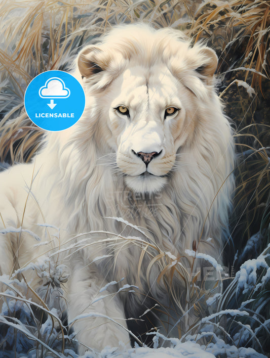 A Snow-White Lion Stood On The Grass, A White Lion In The Snow