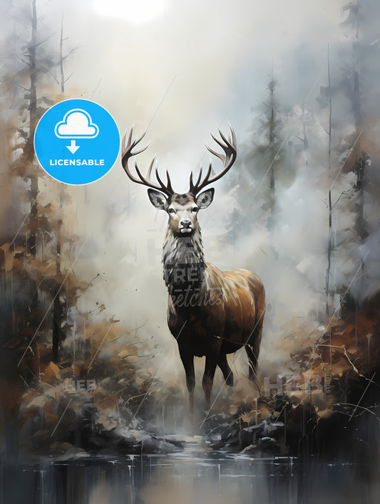 Elk In The Fog Print, A Deer In The Woods