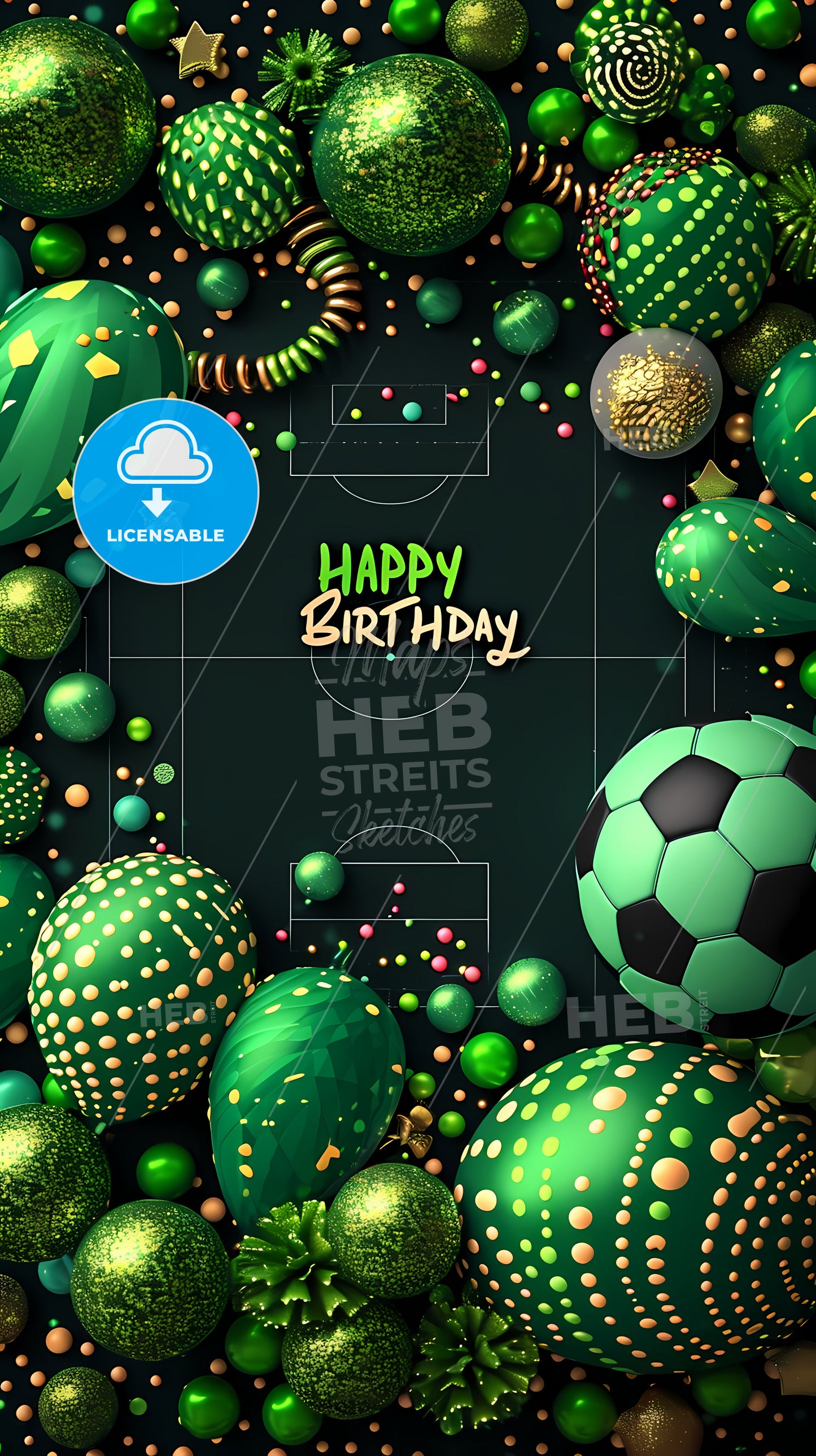 Happy Birthday Poster, A Green And Gold Balloons And Balls