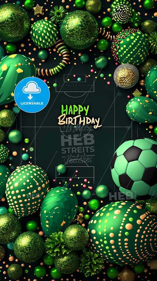 Happy Birthday Poster, A Green And Gold Balloons And Balls