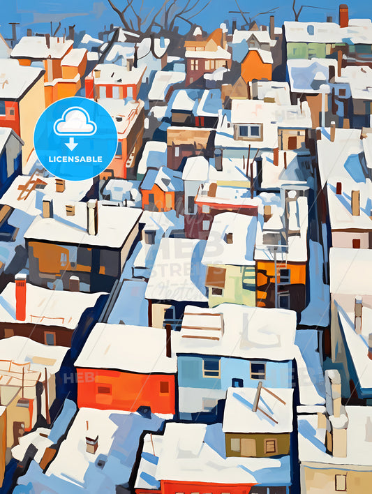 Snowy New York City Roofs Seen From Above, A Group Of Buildings Covered In Snow