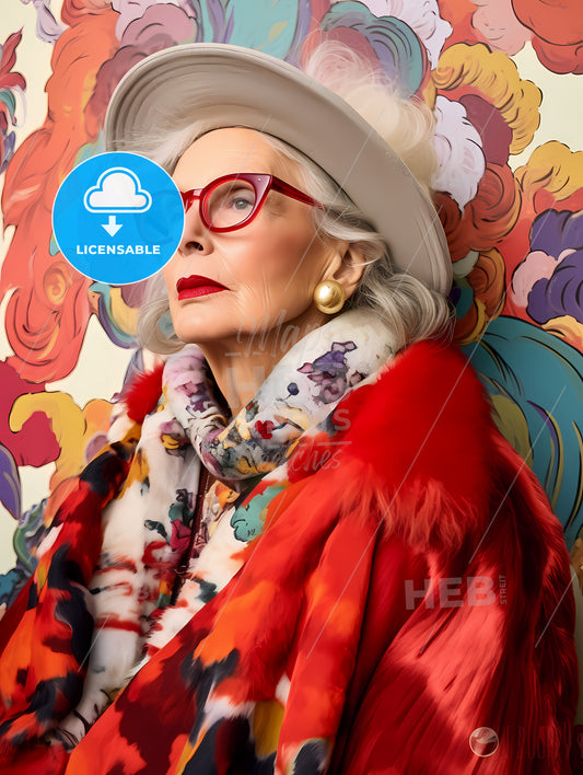 Gorgeous Eldery Eclectic Woman In An Eclectic Outfit, A Woman In A Red Hat And Red Glasses