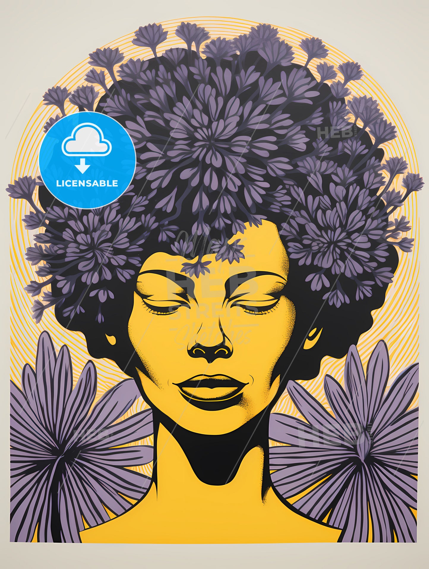 Linocut Print Minimalism, A Poster Of A Woman With Purple Flowers