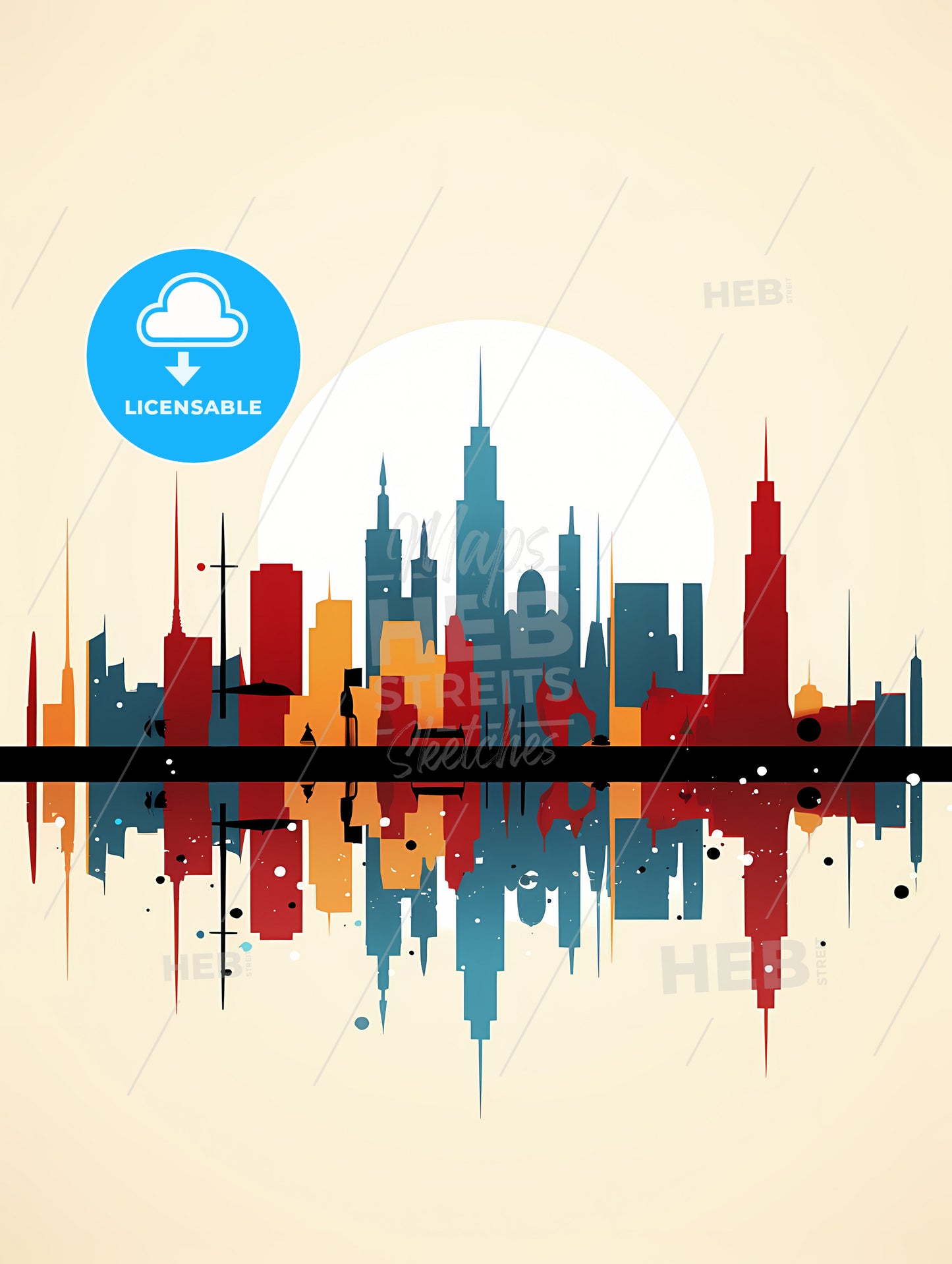 Minimalist Barcelona Skyline, A Colorful City Skyline With Sun Behind It