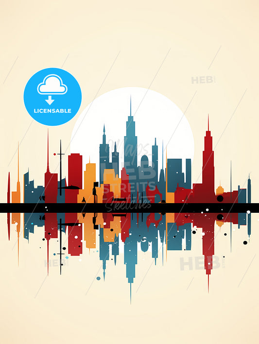 Minimalist Barcelona Skyline, A Colorful City Skyline With Sun Behind It