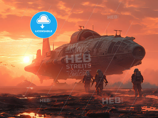 Photo-Realistic Sci-Fi Illustration, A Group Of People Walking Past A Large Space Ship