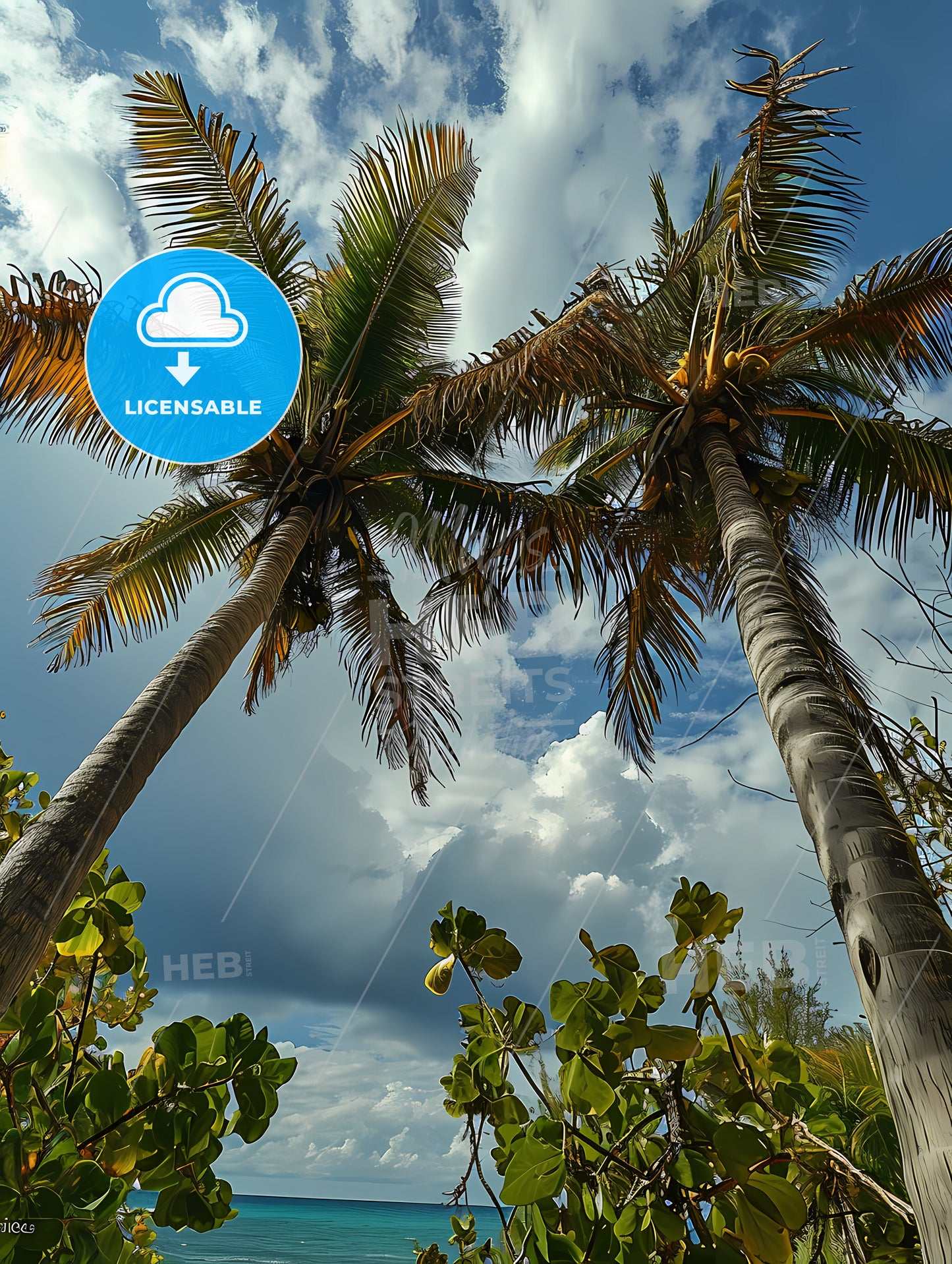 Two Palm Trees Amidst A Blue, A Group Of Palm Trees Under A Cloudy Sky