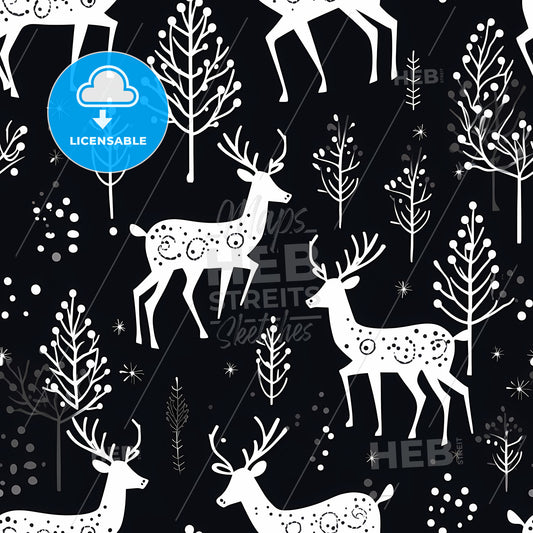 Hand Drawn Christmas Deer, A Pattern Of White Deer And Trees