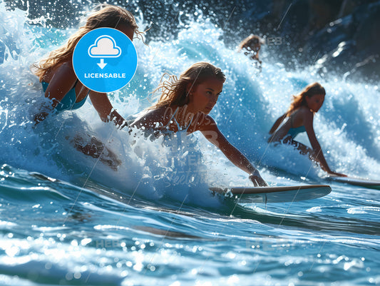 A Beautiful Woman Riding A Surf Board, A Group Of Women Surfing In The Water