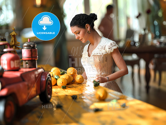 A 3D Scene, A Woman Standing At A Table With Oranges