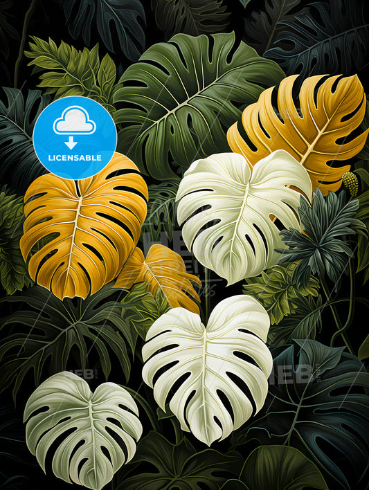 Monochrome Monstera Tropical Leaves, A Group Of Colorful Leaves
