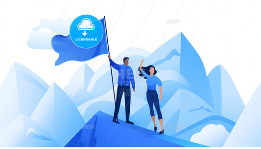 A Man And Woman, A Man And Woman Standing On Top Of A Mountain Holding A Flag