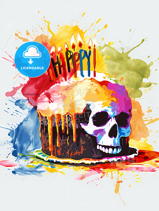 Happy Birthday Splatter Picture, A Skull On A Cake With Candles