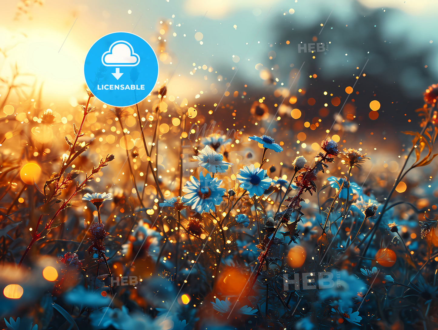 Beautiful Field Meadow Flowers Chamomile, A Field Of Flowers With The Sun Shining Through