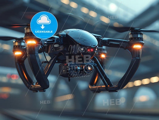 A Small Drone In The Air Flying Over A Pillar, A Drone Flying In The Air