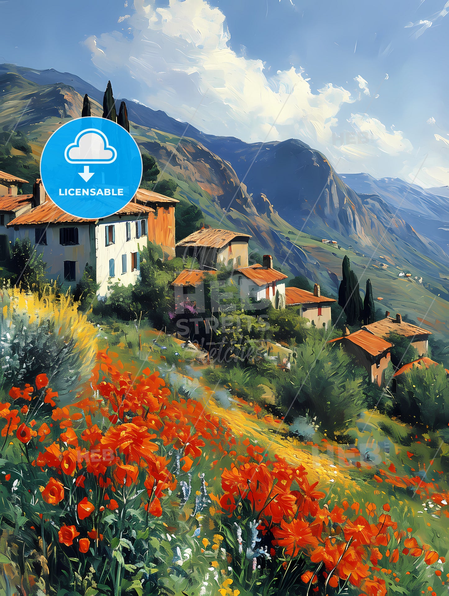 Impressionistic Landscape In Southern France, A Group Of Houses On A Hillside With Flowers