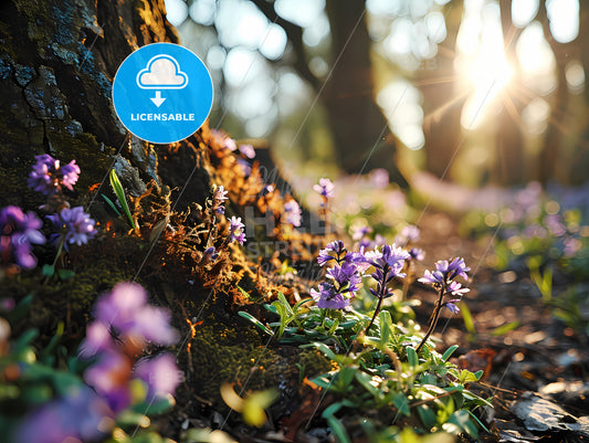 A Tree Stump In The Forest Surrounded By Flowers, A Close Up Of Flowers