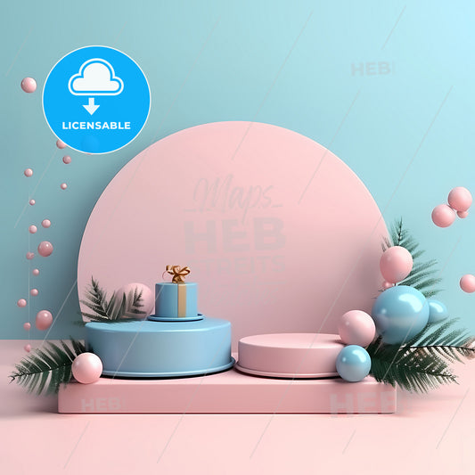 3D Background Happy Birthday, A Pink And Blue Podium With Balls And Leaves