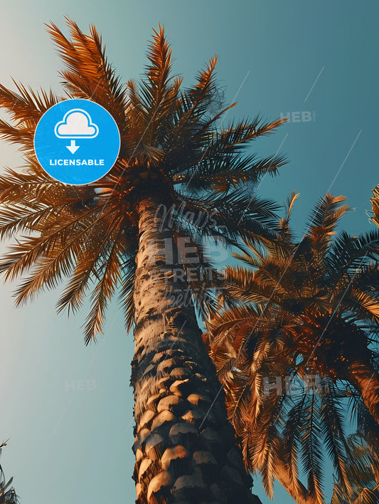 Two Palm Trees Amidst A Blue, A Palm Trees With Blue Sky