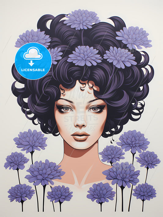 Linocut Print Minimalism, A Woman With Purple Flowers