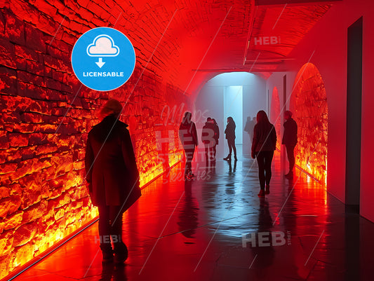 Photo-Realistic Sci-Fi Illustration, A Group Of People Walking In A Tunnel With Red Lights