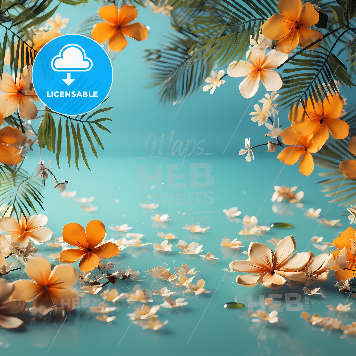 Welcome Summer Background, Flowers And Leaves On A Blue Surface