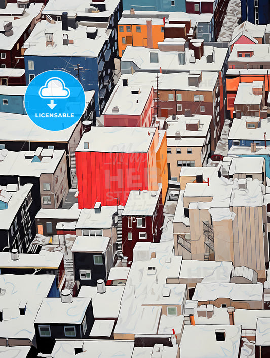 Snowy New York City Roofs Seen From Above, A Group Of Buildings Covered In Snow