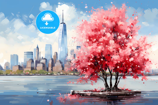 New York City On Spring Seasone, A Tree With Pink Flowers In Front Of A City