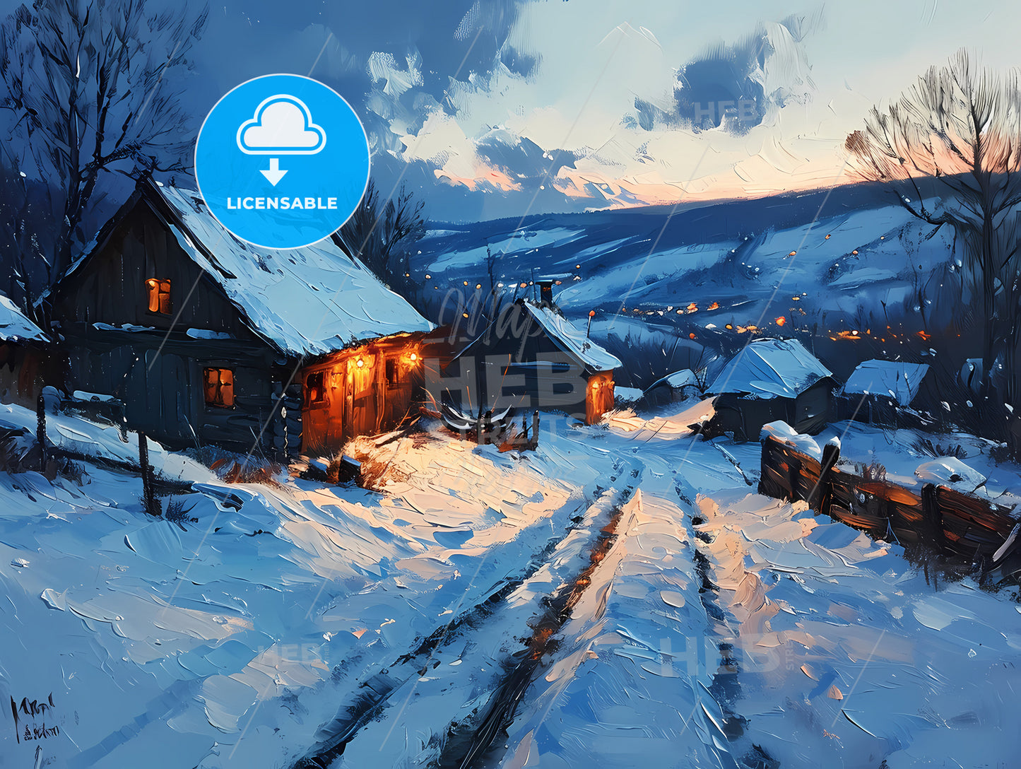 In The Snowy Evening The Coffee Table, A Snowy Landscape With Houses And A Road