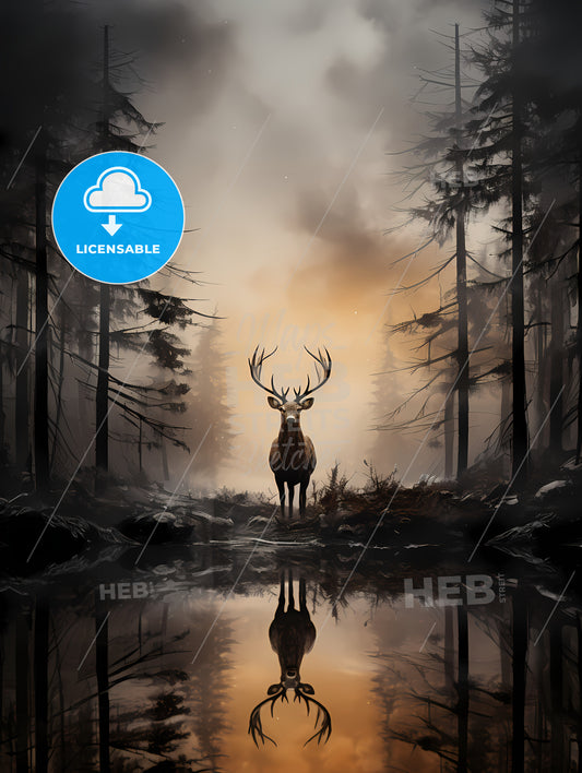 Elk In The Fog Print, A Deer Standing In A Forest